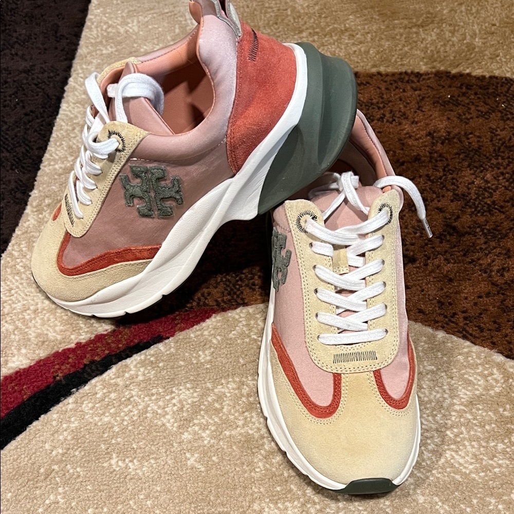 Stylish Pink, Green, and Tan Tory Burch Women's Sneakers